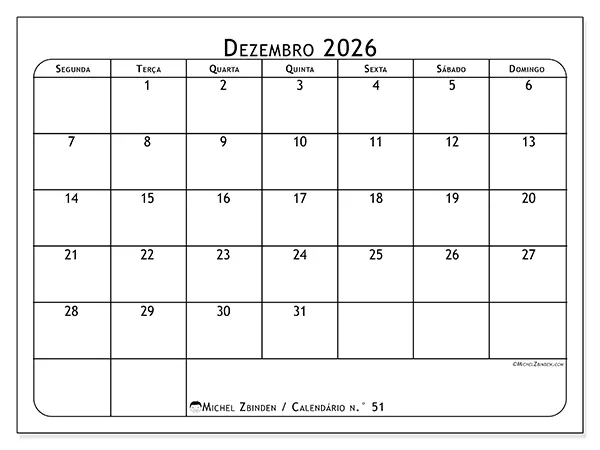 Calendário de dezembro de 2026 para imprimir - Planeador de refeições