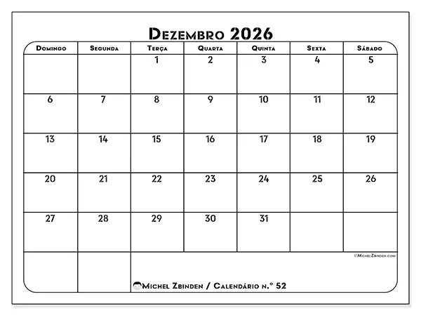 Calendário de dezembro de 2026 para imprimir - Organização profissional - Semana de domingo a sábado