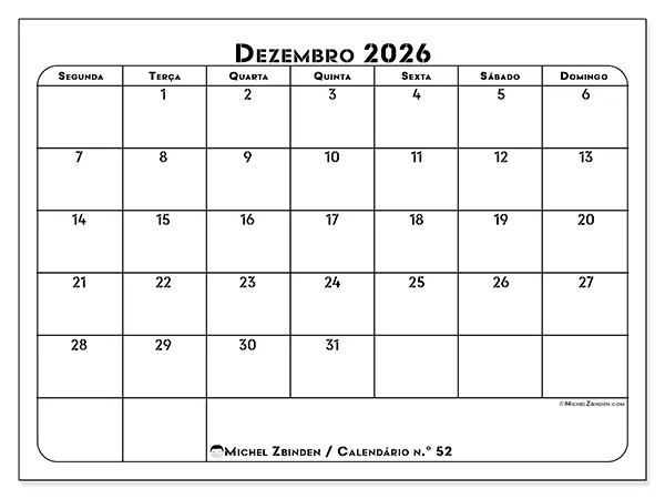 Calendário de dezembro de 2026 para imprimir - Organização profissional