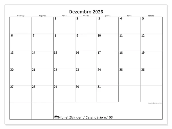 Calendário de dezembro de 2026 para imprimir - Horário eficiente - Semana de domingo a sábado