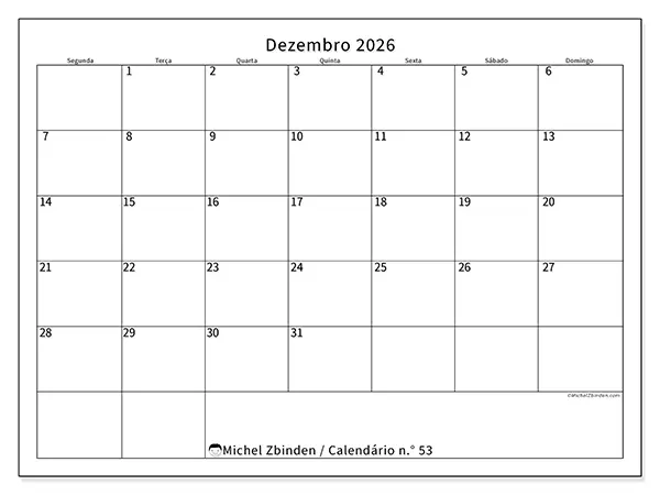 Calendário de dezembro de 2026 para imprimir - Horário eficiente