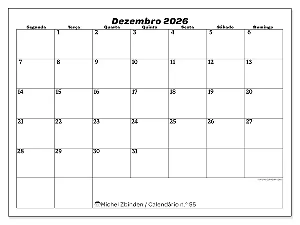 Calendário de dezembro de 2026 para imprimir - Organização do lazer