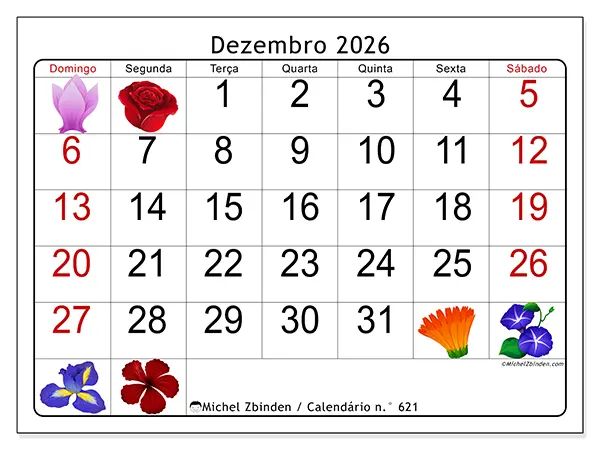 Calendário de dezembro de 2026 para imprimir - Flores grandes - Semana de domingo a sábado