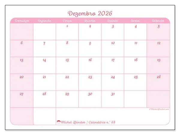 Calendário de dezembro de 2026 para imprimir - Organização suave - Semana de domingo a sábado