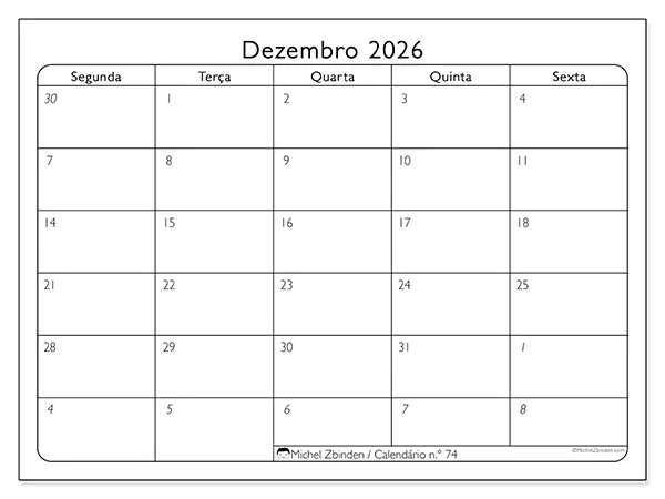 Calendário de dezembro de 2026 para imprimir - Organização do trabalho