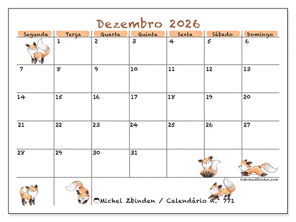Calendário de dezembro de 2026 para imprimir - Desenhos de raposas