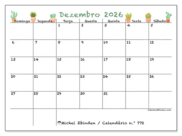 Calendário de dezembro de 2026 para imprimir - Cactos decorativos - Semana de domingo a sábado