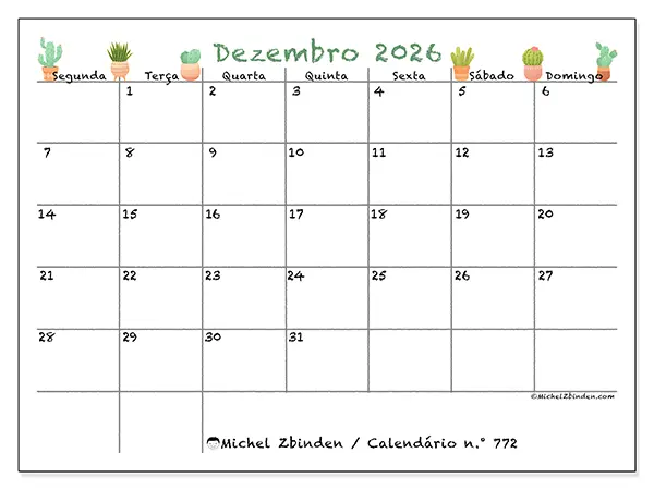 Calendário de dezembro de 2026 para imprimir - Cactos decorativos
