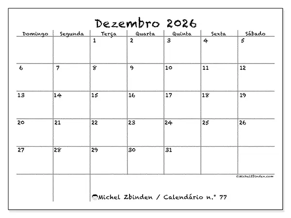 Calendário de dezembro de 2026 para imprimir - Escola e família - Semana de domingo a sábado