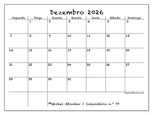 Calendário de dezembro de 2026 para imprimir - Escola e família