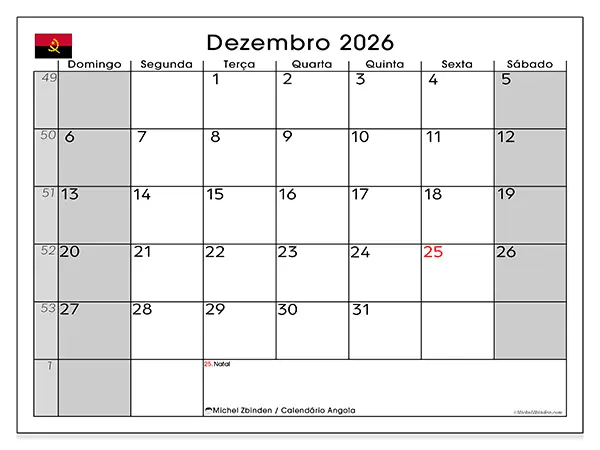 Calendário de dezembro de 2026 para imprimir - Angola