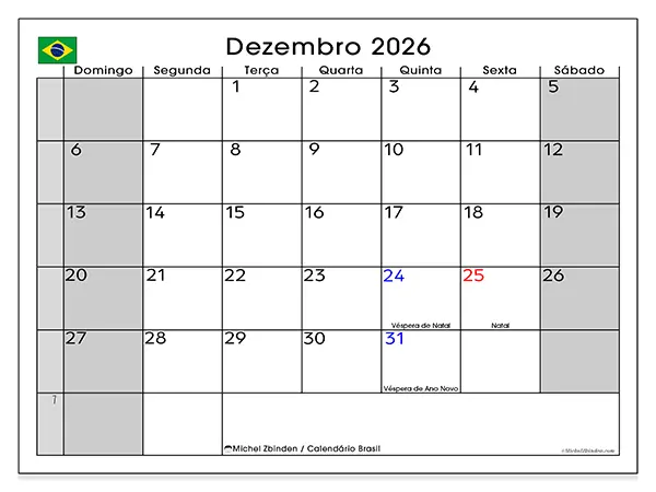 Calendário de dezembro de 2026 para imprimir - Brasil