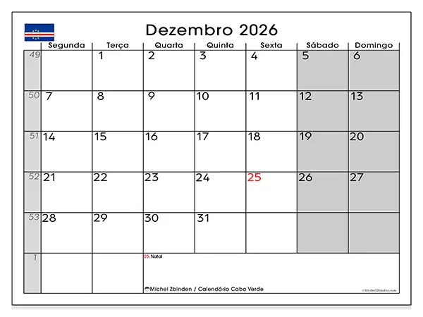 Calendário de dezembro de 2026 para imprimir - Cabo Verde