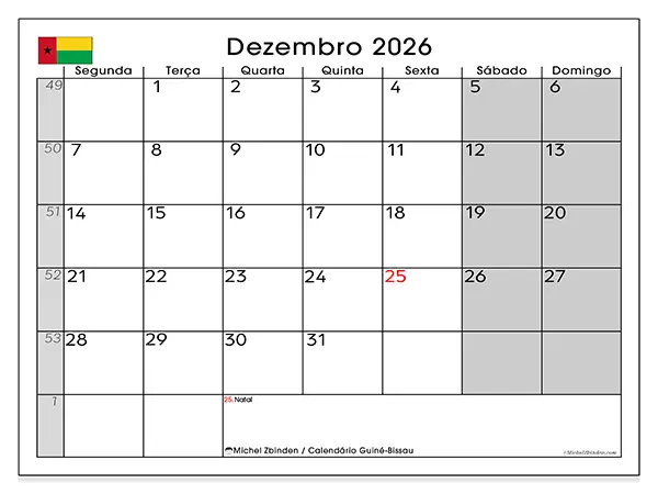 Calendário de dezembro de 2026 para imprimir - Guiné-Bissau