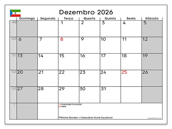 Calendário de dezembro de 2026 para imprimir - Guiné Equatorial