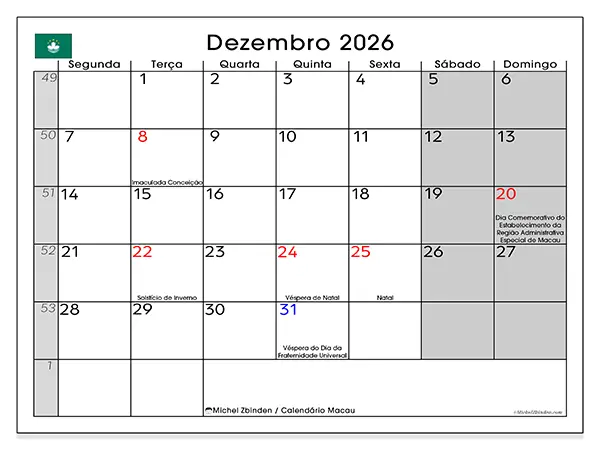 Calendário de dezembro de 2026 para imprimir - Macau