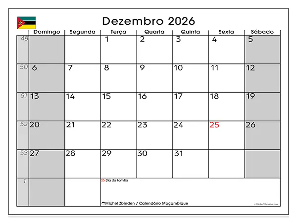 Calendário de dezembro de 2026 para imprimir - Moçambique