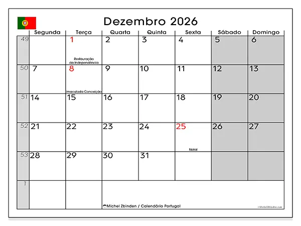 Calendário de dezembro de 2026 para imprimir - Portugal