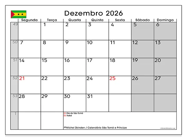 Calendário de dezembro de 2026 para imprimir - São Tomé e Príncipe