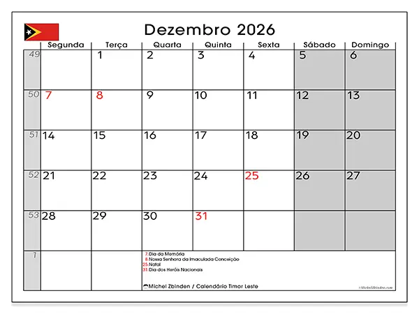 Calendário de dezembro de 2026 para imprimir - Timor Leste