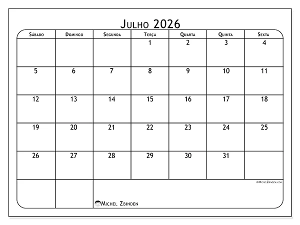 Calendário de julho de 2026 para imprimir - Paixão pelo futebol - Semana de domingo a sábado