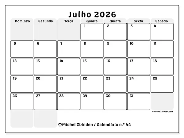 Calendário de julho de 2026 para imprimir - Planeamento estruturado - Semana de domingo a sábado