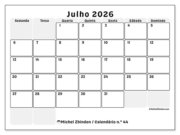 Calendário de julho de 2026 para imprimir - Planeamento estruturado