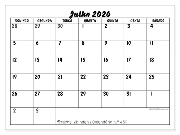 Calendário de julho de 2026 para imprimir - Organização detalhada - Semana de domingo a sábado