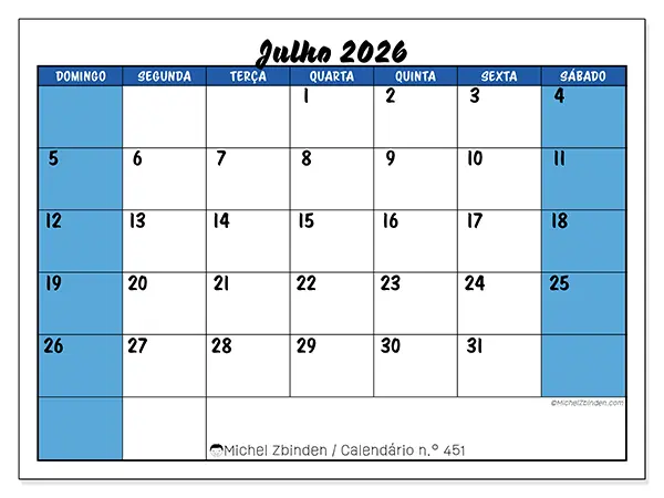 Calendário de julho de 2026 para imprimir - Organização dinâmica - Semana de domingo a sábado