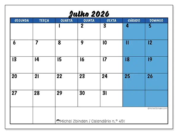 Calendário de julho de 2026 para imprimir - Organização dinâmica