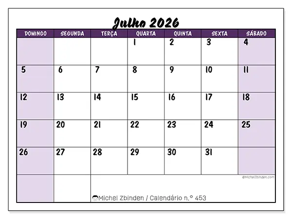 Calendário de julho de 2026 para imprimir - Eficiência colorida - Semana de domingo a sábado
