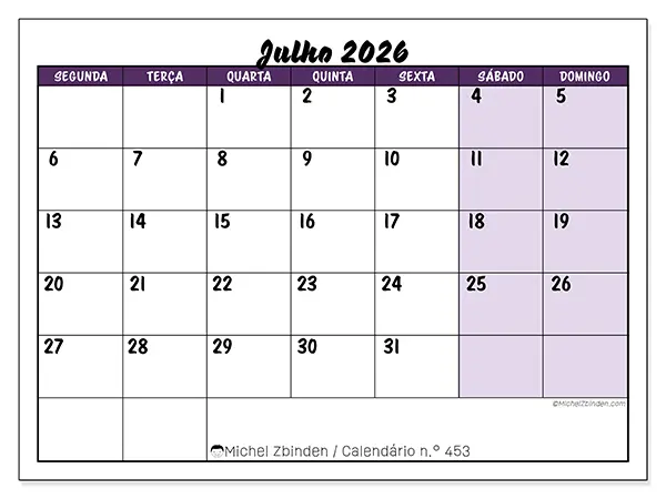 Calendário de julho de 2026 para imprimir - Eficiência colorida