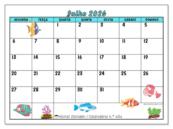 Calendário de julho de 2026 para imprimir - Peixes coloridos