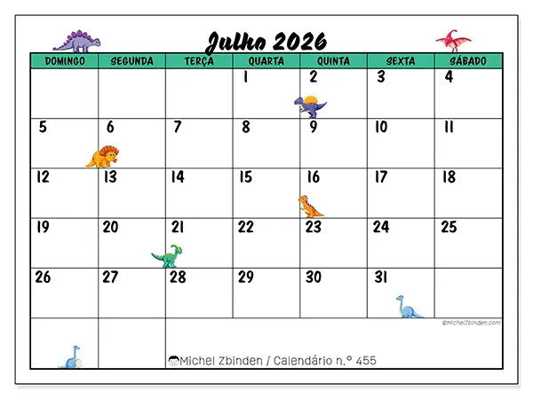 Calendário de julho de 2026 para imprimir - Pequenos dinossauros - Semana de domingo a sábado