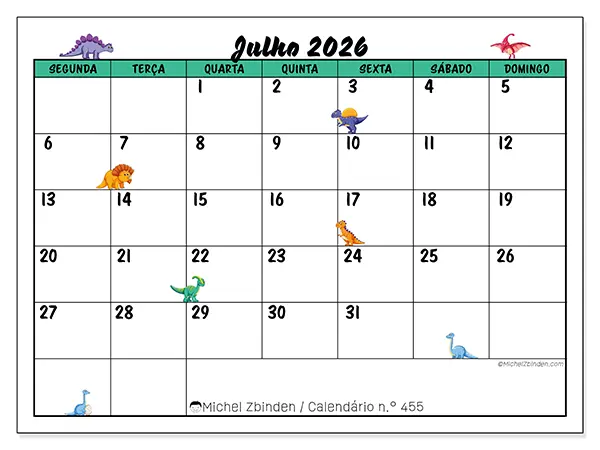 Calendário de julho de 2026 para imprimir - Pequenos dinossauros