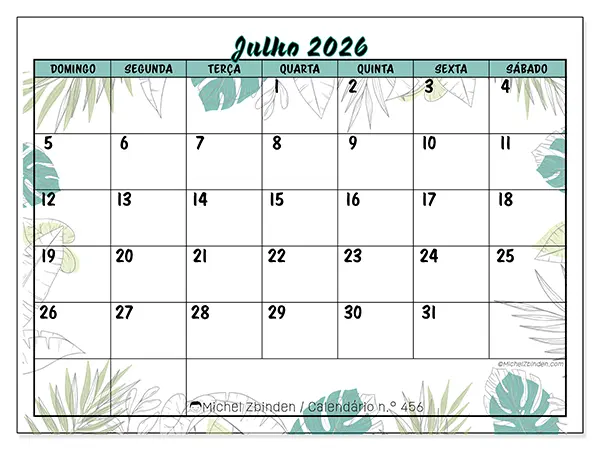 Calendário de julho de 2026 para imprimir - Natureza e jardim - Semana de domingo a sábado