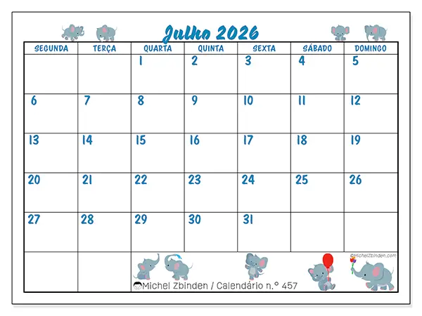 Calendário de julho de 2026 para imprimir - Pequenos elefantes