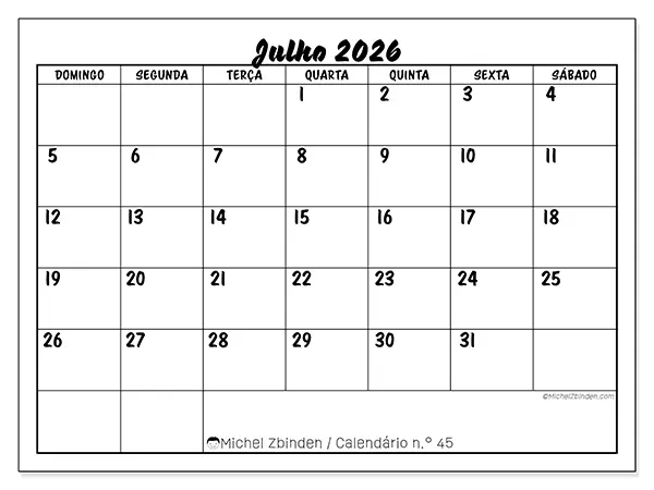 Calendário de julho de 2026 para imprimir - Sucesso escolar - Semana de domingo a sábado