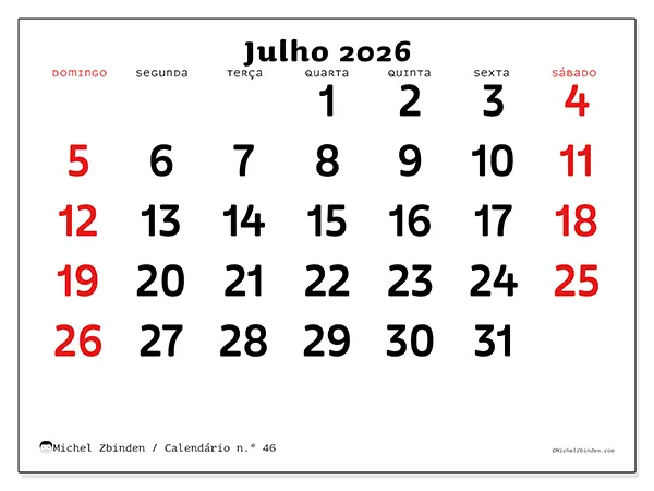 Calendário de julho de 2026 para imprimir - Visão clara - Semana de domingo a sábado