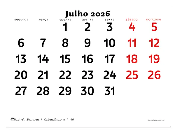 Calendário de julho de 2026 para imprimir - Visão clara