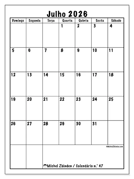 Calendário de julho de 2026 para imprimir - Planeamento eficiente - Semana de domingo a sábado