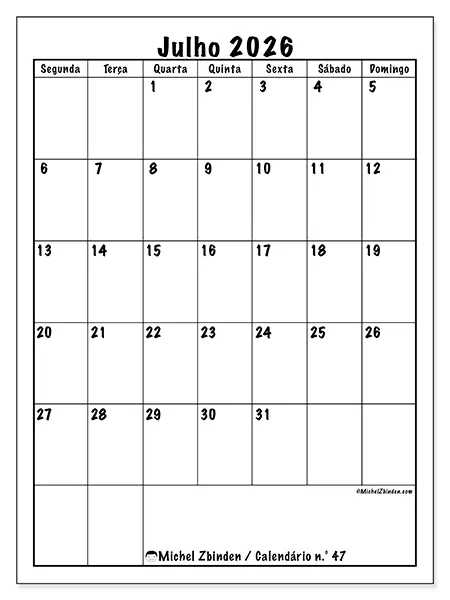 Calendário de julho de 2026 para imprimir - Planeamento eficiente