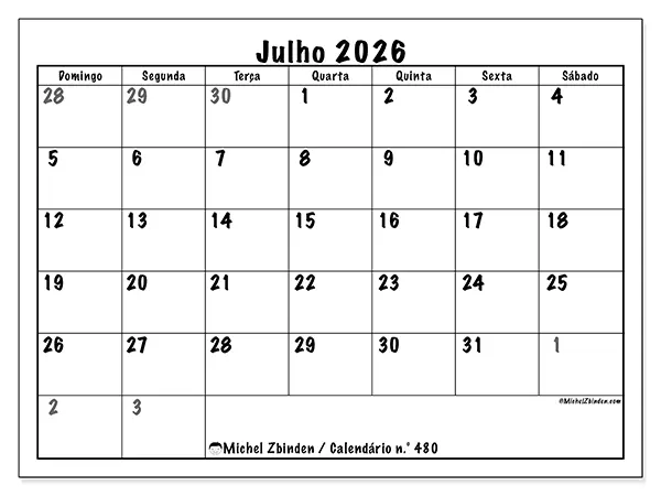 Calendário de julho de 2026 para imprimir - Planeamento completo - Semana de domingo a sábado