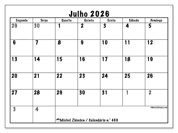 Calendário de julho de 2026 para imprimir - Planeamento completo