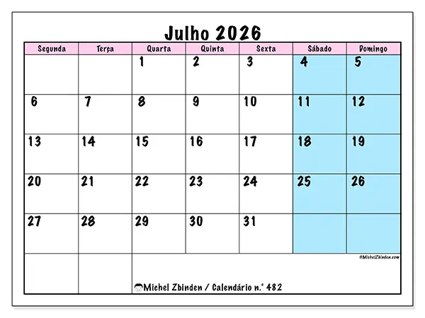 Calendário de julho de 2026 para imprimir - Horário de equipa