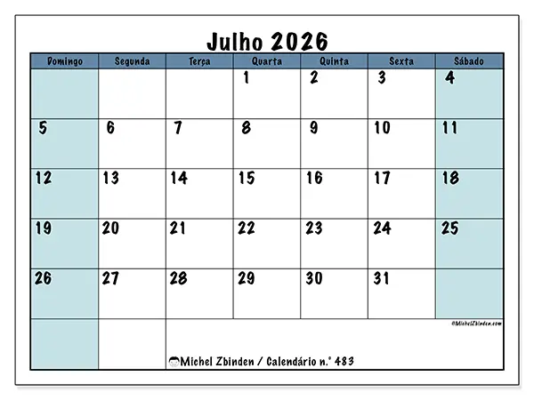 Calendário de julho de 2026 para imprimir - Estrutura para a escola - Semana de domingo a sábado