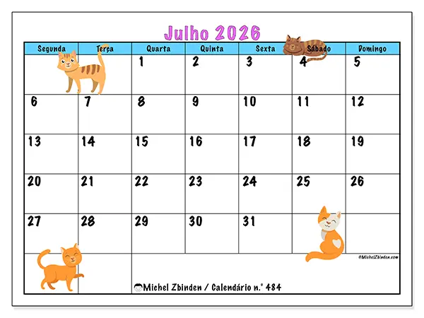Calendário de julho de 2026 para imprimir - Amor pelos gatos