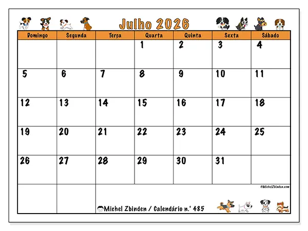 Calendário de julho de 2026 para imprimir - Cães entusiasmados - Semana de domingo a sábado