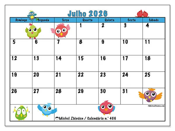 Calendário de julho de 2026 para imprimir - Pássaros divertidos - Semana de domingo a sábado