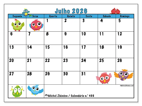 Calendário de julho de 2026 para imprimir - Pássaros divertidos